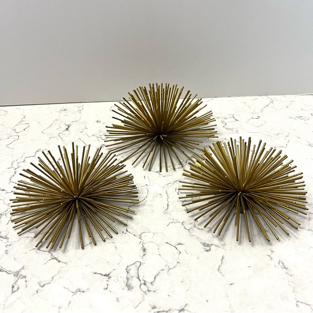 Set of 3 MCM Black & Gold Tone Metal Starburst Sea Urchins Wall Hanging Atomic